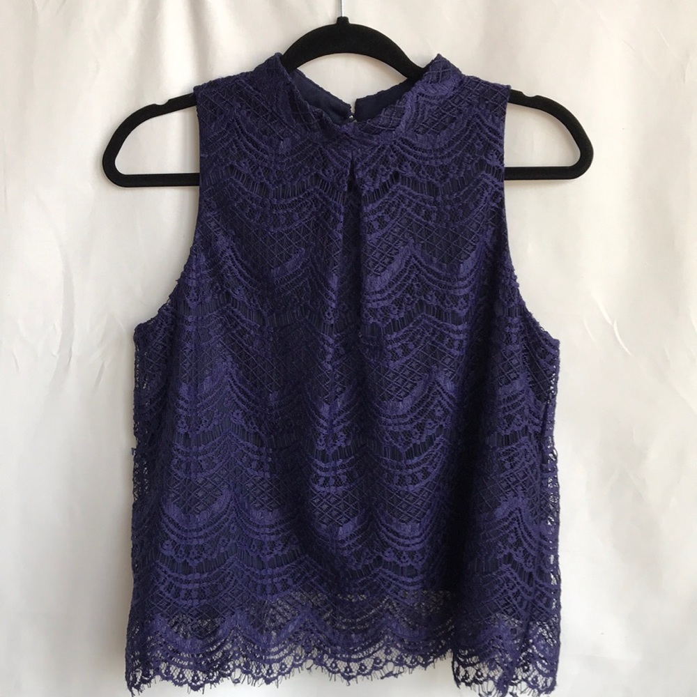 Haute Monde navy sleeveless halter top with inner lining and raw hemline, size L